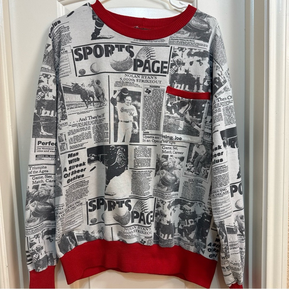 Sports Page Newspaper Print Men's Sweater Red and Gray Nolan Ryan, Wayne Gretzky